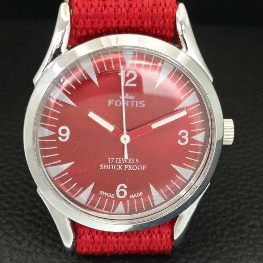 Vintage 1974 Fortis Manual Mens Silver Watch W/Nato Strap & Red accents